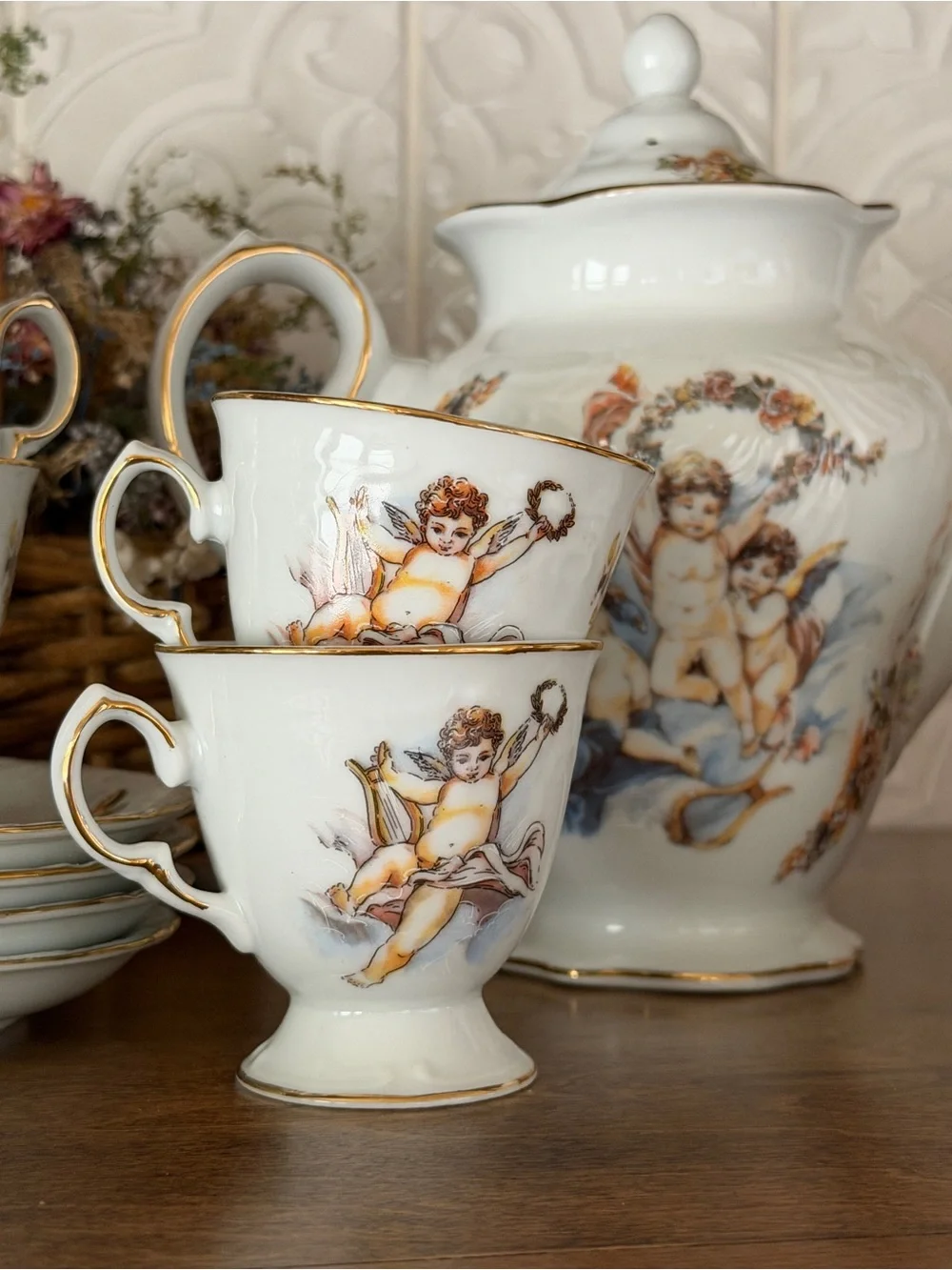 Porcelain Cherub Tea Set - White with Gold Trim